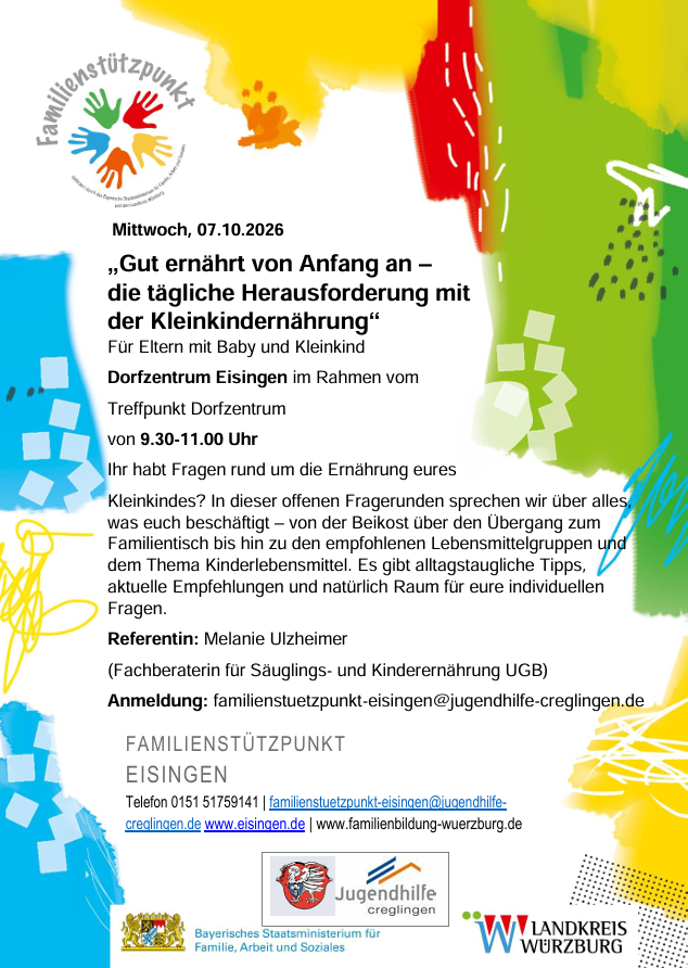Veranstaltungsplakat zum Vortrag Gut ernährt von Anfang an des Familienstützpunkts