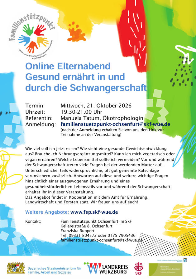 Veranstaltungsplakat Online Elternabend Familienstützpunkt zur Ernährung in der Schwangerschaft